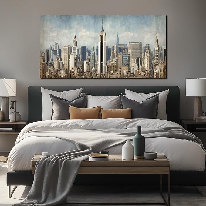 Modern City Wall Art for Living Room Large New York Skyline Canvas Wall Decor for Office Bedroom Apartment Wall Decoration Ready to Hang 29 x 58 Inch