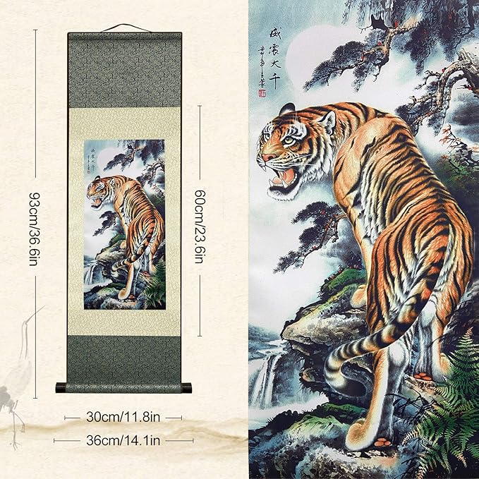 AtfArt Asian Wall Decor Beautiful Silk Scroll Painting Deterrence Tiger Oriental Decor Chinese Art Wall Scroll Wall Hanging Painting Scroll (36.2 x 12 in)