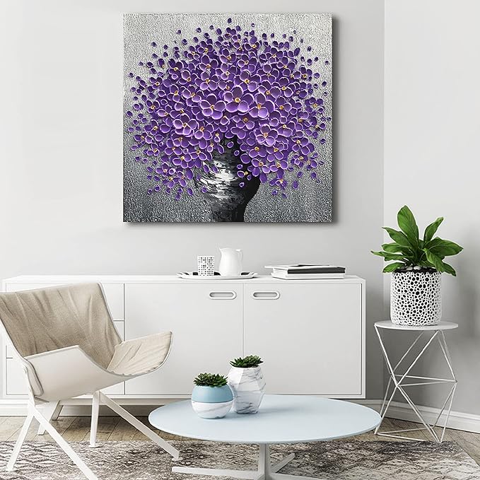 24x24 Hand-Painted Purple Flowers 3D Abstract Decorative Paintings, Wall Decorative Frame Wall Art, Modern Art Living Room Bedroom Office Hotel and Restaurant Wall Art