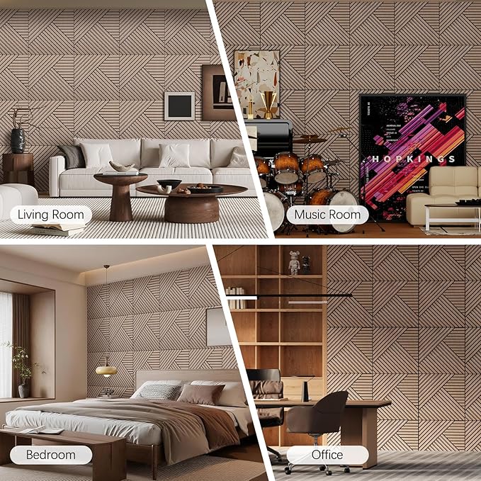 4 Packs Acoustic Wall Panels - Self-Adhesive 3D Wood Slat Wall Panel- Peel and Stick Sound Absorbing Panels for Noise Reducing - Feature Wall Decor for Home & Office