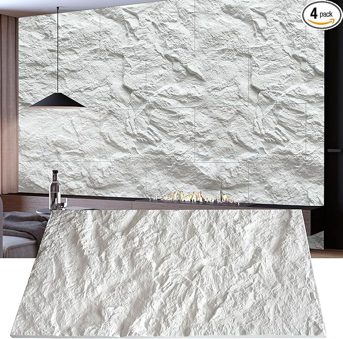 KASARO 3D Faux Stone Wall Panels, 4 PCS PU Wainscoting Panel for Interior Wall Decor, Cement Texture Thicker Accent for Home, Office, 43.3 × 23.6 inch, White