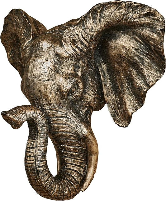 Hakimi Elephant Bust Wall Sculpture | Metallic Bronze and Gold Finish | Realistically Detailed, Intricate Design | Elephant Head Wall Art Decor | Perfect for Safari, African, Asian, or Bohemian Styles