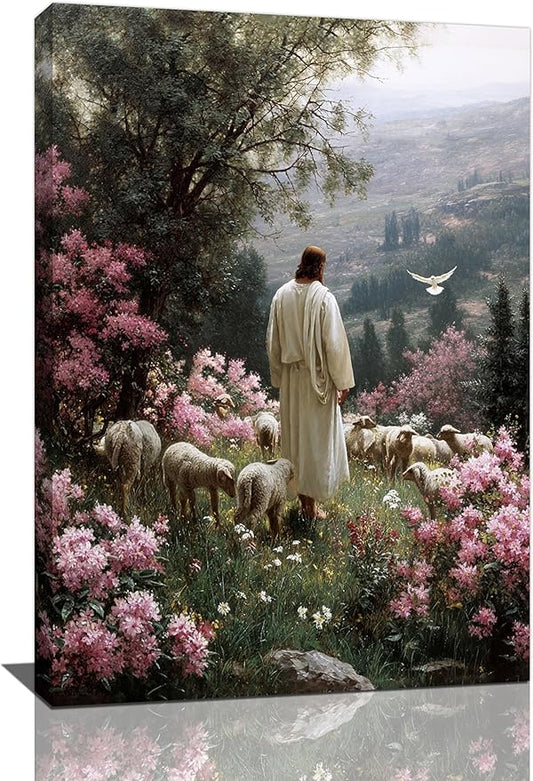 Jesus Wall Art Christian Jesus Lamb Wall Decor Religious God Canvas Painting Pictures Print Christ Decorations for Living Room Bedroom Church Framed Gifts 16”X24”