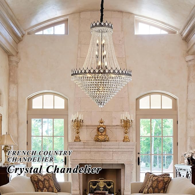 KoKo&Yukina 32" French Empire Crystals Chandelier 26 Light Black Crystal Chandeliers Modern Black Crystal Chandelier Round Large High Ceiling Sloped Hanging Light Fixtures for Hallway Staircase