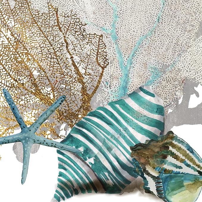 JAPO ART White Coral Wall Art Coastal Wall Decor Beach Bathroom Decor Sea Shell Pictures Sea Fan Nautical Painting Ocean Wall Art for Livingroom Bedroom Home Walls 12x12Inchx2pcs