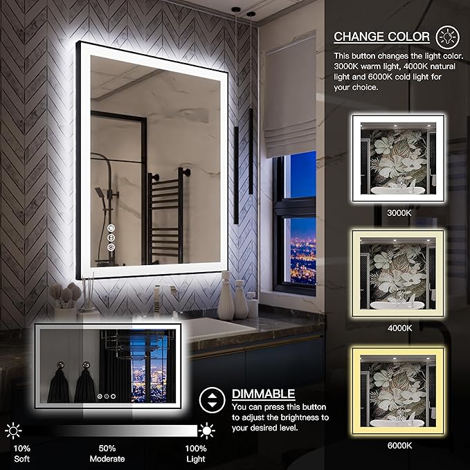 LED Bathroom Mirror 36x28 with Backlit and Front Lighted, Framed Dimmable Illuminated Mirror for Wall Anti-Fog Shatterproof (Horizontal/Vertical)…