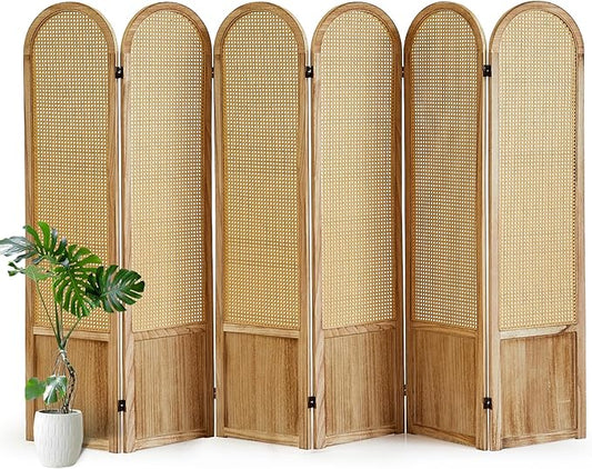 6 Panel Room Divider and Folding Privacy Screen, 5.6 Ft Foldable Double Hinged Rattan Partition, Hand-Woven Rattan Room Divider Portable Wood Freestanding Wall Divider for Room Separation - Natural
