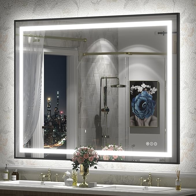 48x36 Framed LED Lighted Bathroom Mirror, Dimmable Vanity Mirror with Lights, Backlit and Front Lighted, Anti-Fog, Shatter-Proof, Memory (Horizontal & Vertical)