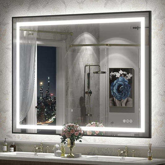 48x36 Framed LED Lighted Bathroom Mirror, Dimmable Vanity Mirror with Lights, Backlit and Front Lighted, Anti-Fog, Shatter-Proof, Memory (Horizontal & Vertical)