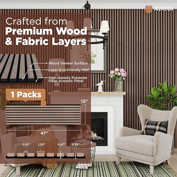 Avana Acoustic Wood Wall Panels – 47.2 X 12.6 Inch Walnut Acoustic Panels 1 PC – Wall Panels For Interior Wall Decor for Homes, Offices, Studios – Modern Sturdy And Durable Wood Panels For Wall