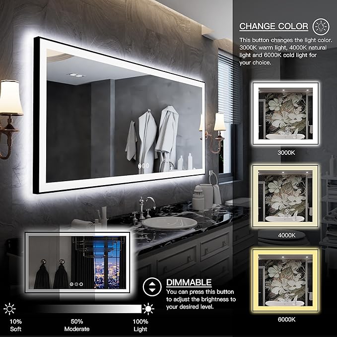 LED Bathroom Mirror 60x28 with Backlit and Front Lighted, Framed Dimmable Illuminated Mirror for Wall Anti-Fog Shatterproof (Horizontal/Vertical)
