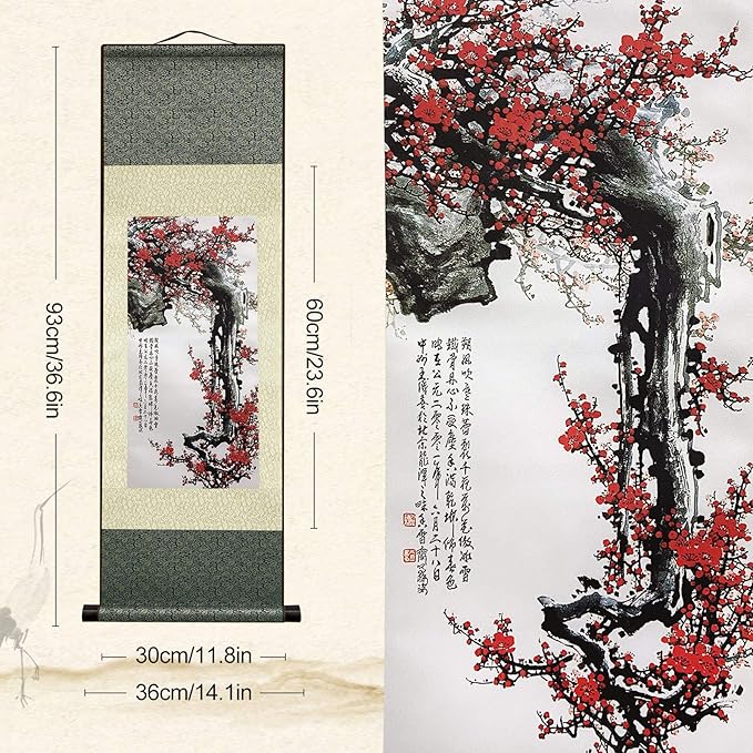 AtfArt Asian Wall Decor Beautiful Silk Scroll Painting Flowers - Proud Plum - Iron Heart Oriental Decor Chinese Art Wall Scroll Wall Hanging Painting Scroll (36.2 x 12 in)