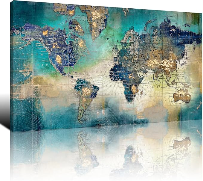 Large World Map Canvas Prints Wall Art for Living Room Office "24x48" Green World Map Picture Artwork Decor for Home Decoration