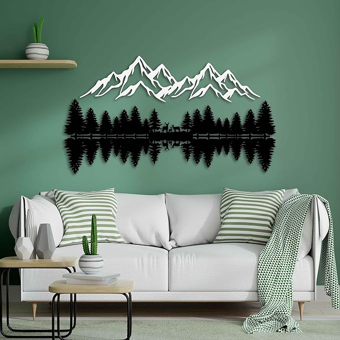 KAWA METALWORKS Mountain and Forest Wall Art Home Decor, Metal Pine Trees and Hill, Large Nature Decor, Mountain Landscape