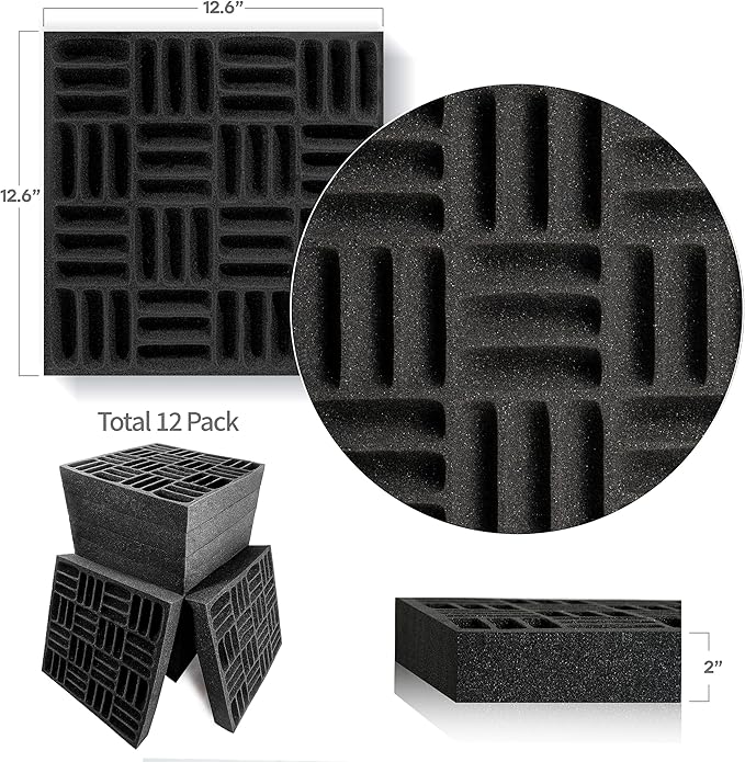 12 Pack Sound Proof Foam Panels for Walls, 12.6x12.6x2 Inches Grid Style Acoustic Panels for Home Studio Acoustic Treatment (Black)