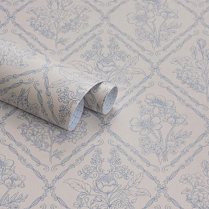 Kitico Peel and Stick Wallpaper Vintage Boho Wallpaper Blue and Beige Contact Paper Floral Removable Waterproof Wall Paper for Bathroom/Bedroom Self Adhesive for Cabinets Vinyl 17.3''x393.7''