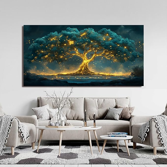 Canvas Wall Art Decor Canvas Art Wall Decor Green Wall Art Decor Large Tree of Life Wall Art for Living Room Oversized Wall Art Prints Gold Tree Wall Decor Art Artwork for Walls Home Office Decoration 35"X70"