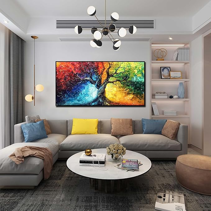 Colorful Tree Canvas Wall Art Living Room - Girl Bedroom Decor with Black Framed Ready to Hang Size 29" x 59"