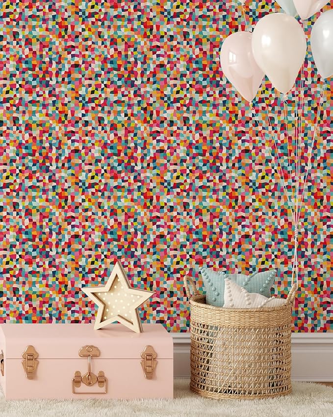 Bright Color Squares Wallpaper | Removable Self Adhesive Abstract Geometrical Wallpaper | Colorful Peel and Stick Wallpaper (1 roll 24" W x 96" H)