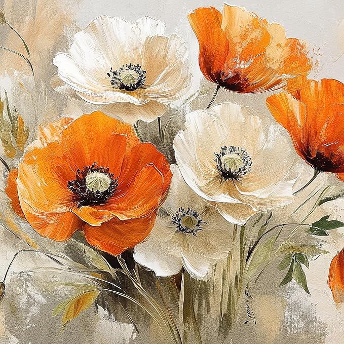 Large Floral Wall Art for Living Room, Gold Framed Orange White Flower Canvas Painting Prints Artwork, Modern Elegant Country Watercolor Flowers Picture for Bedroom Hallway Office Wall Decor, 20x40 In
