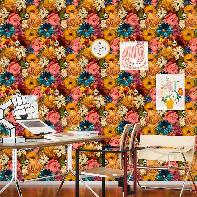 Colorful Floral Peel and Stick Wallpaper Vintage Leaf Contact Paper Multicolor Flower Wall Mural Home Vinyl Waterproof Self Adhesive Removable Renter Friendly Wall Paper 17.5" x 118"