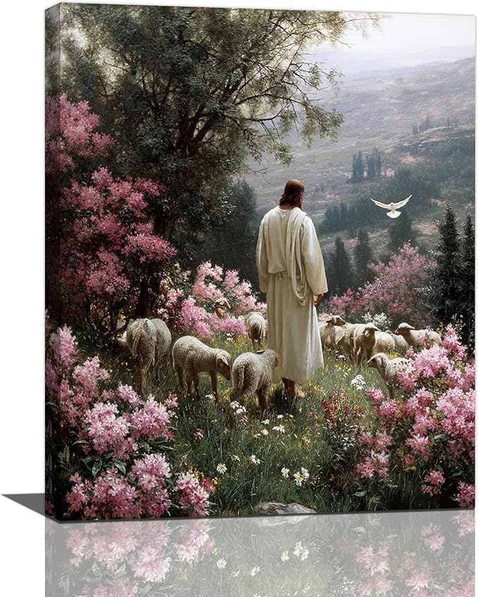 Jesus Wall Art Christian Jesus Lamb Wall Decor Religious God Canvas Painting Pictures Print Christ Decorations for Living Room Bedroom Church Framed Gifts 16”X20”