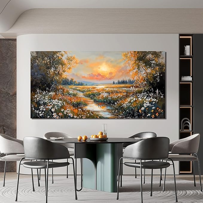Canvas Wall Art Decor Vintage Wildflower Wall Art Prints Large Wall Art for Living Room Nature Landscape Art Work for Wall Decor River Sunset Artwork for Walls Bedroom Office Wall art Decor 24" X 48"