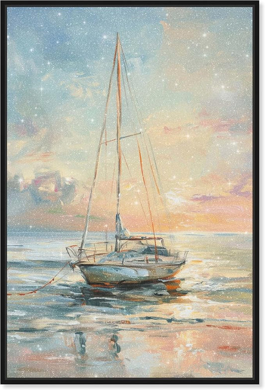 Art Remedy Boat On The Shore Framed Sailing 1 Piece Canvas Wall Art, 31" x 46", Black Frame