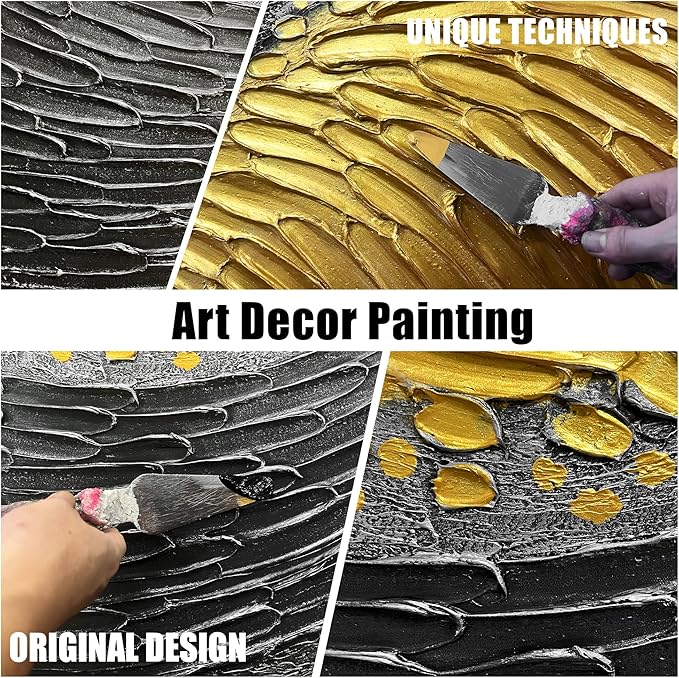 Black and Gold Hand Painted Oil Painting for Bedroom Abstract Pictures for Living Room Large 3D Textured Canvas Wall Art for Office Size 29 x 58 Inch