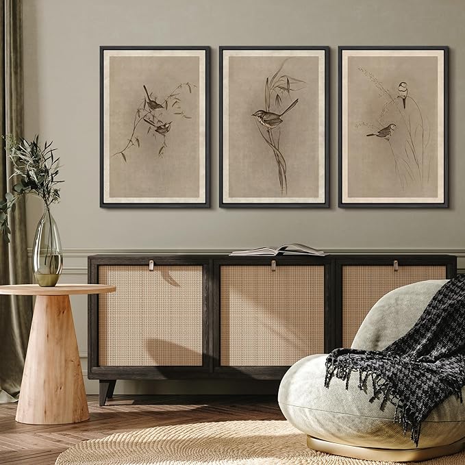 MUDECOR Framed Wall Art Print Set Vintage Bird Wheat Ear Illustrations Modern Art Boho Decorative Colorful Chic for Living Room, Bedroom, Office - 16"x24"x3 Black