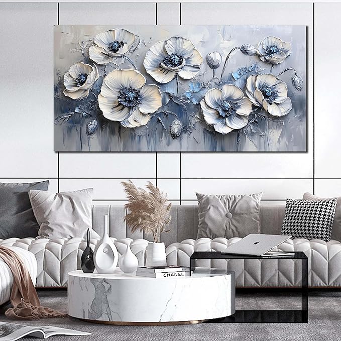 AOZEMI Floral Wall Art Bedroom Floral Picture Art Blue Canvas Wall Decor White Artwork for Living Room Office 29" x 59"