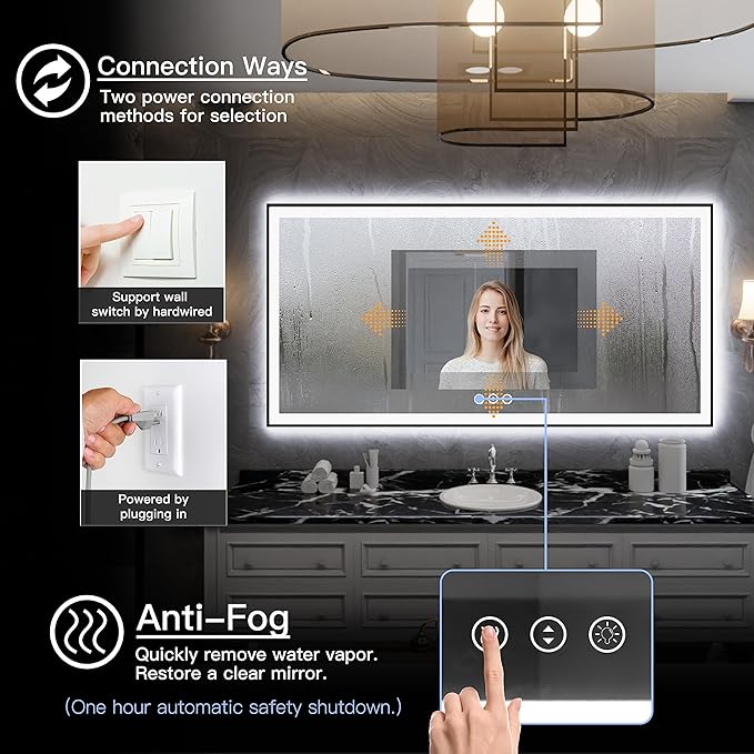 LED Mirror for Bathroom - Framed Dimmable Vanity Mirror with Backlit & Front Light, Anti-Fog, Shatterproof, Memory, 3 Colors (Horizontal/Vertical) 60x30