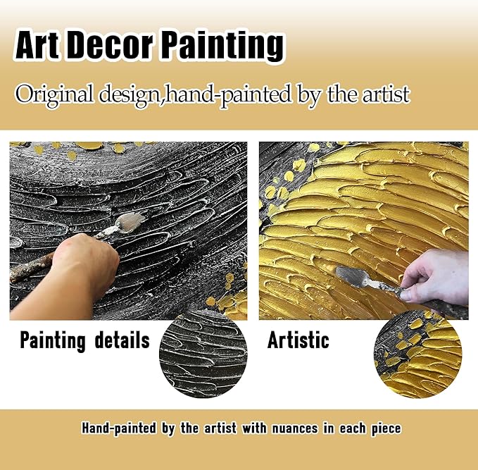 Abstract 3D Hand Painted Wall Art for Office Black and Gold Canvas Wall Art for Bedroom Modern Wall Decor for Living Room Size 24 x 47 Inch