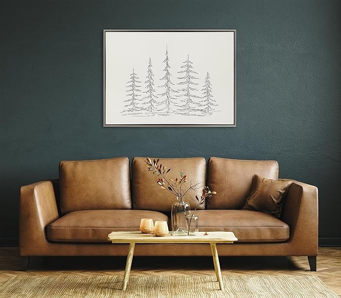 Kate and Laurel Sylvie Minimalist Evergreen Trees Sketch Framed Canvas Wall Art by The Creative Bunch Studio; 28x38 Gray; Modern Minimal Tree Line Wall Art