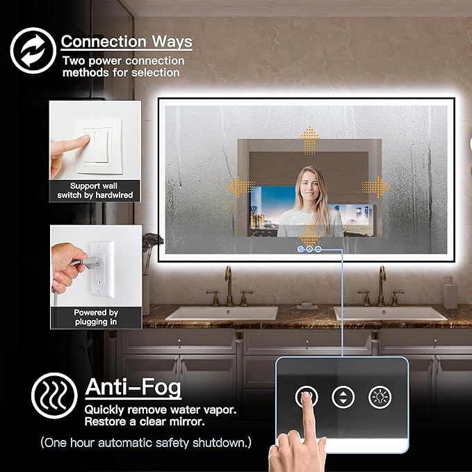 72"x40" Large LED Bathroom Mirror with Backlit and Front Lighted, Framed Dimmable Illuminated Mirror for Wall Anti-Fog Shatterproof (Horizontal/Vertical)