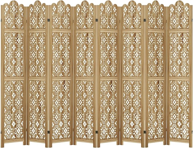 Casaphoria 8 Panels Room Divider, Folding Screen Room Divider with Copper Coin Pattern for Home Office, Restaurant and Bedroom, Paulownia Wood, 127" W x 67" H (Natural)
