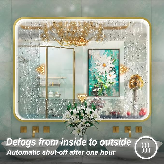 40x30 Inch Gold LED Mirror for Bathroom with Lights, Wall Mounted Lighted Bathroom Vanity Mirrors, Anti-Fog, Memory Funtion, Stepless Dimmable, Horizontal or Vertical