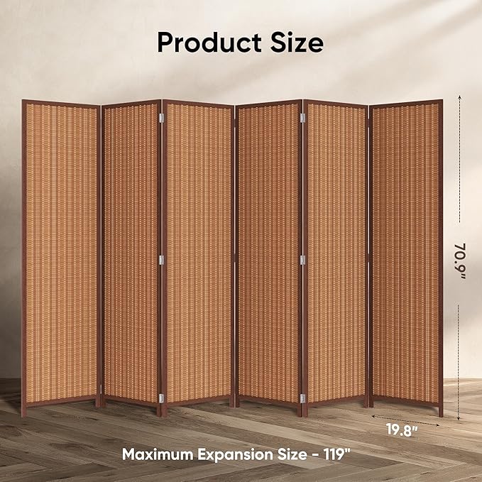 JOSTYLE 6 Panel Folding Privacy Screens 6ft Bamboo Freestanding Room Dividers, 70.9" H x 118" W