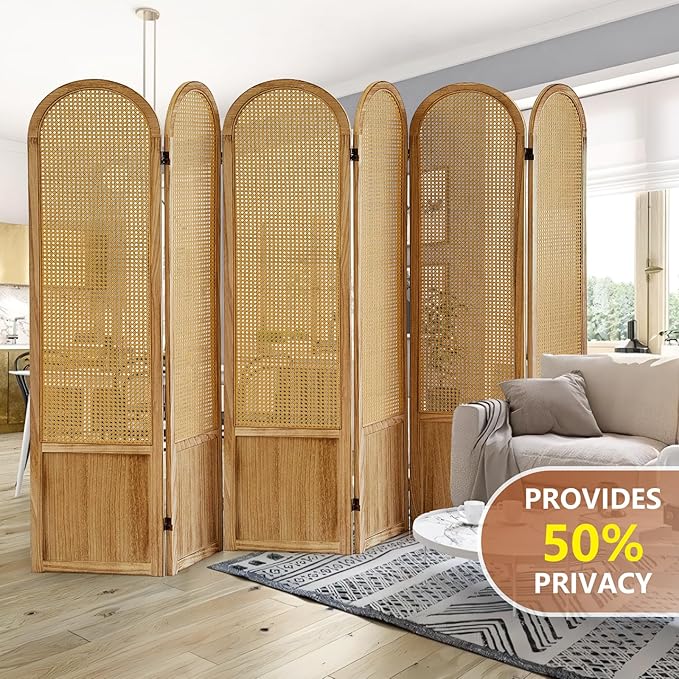 6 Panel Room Divider and Folding Privacy Screen, 5.6 Ft Foldable Double Hinged Rattan Partition, Hand-Woven Rattan Room Divider Portable Wood Freestanding Wall Divider for Room Separation - Natural