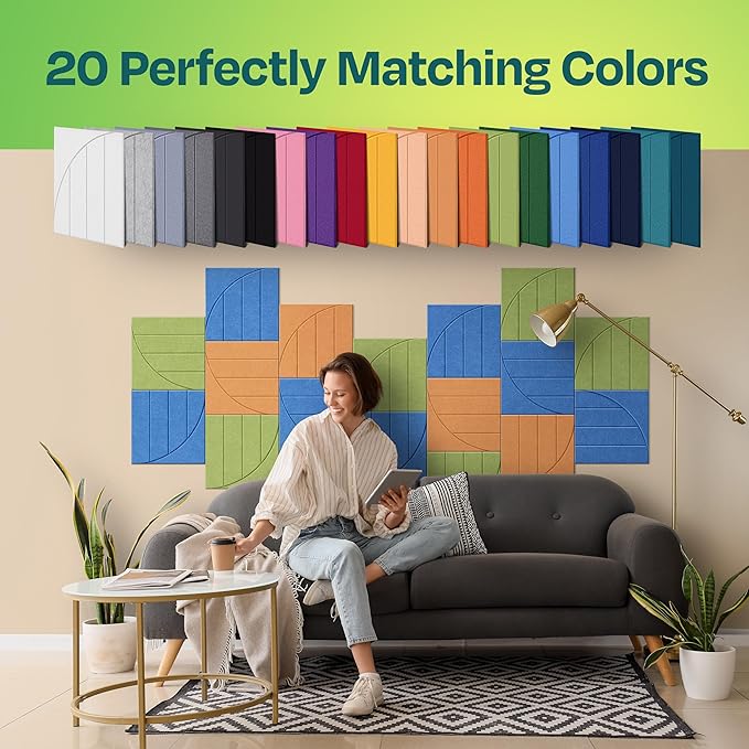 Acoustic Panels 12-Pack Soundproof Wall Panels 12"x12"x0.4" Decorative Sound Dampening for Your Home, Office, Studio, Bedroom & More with Unique ModuArc Carving [Grand Blue]