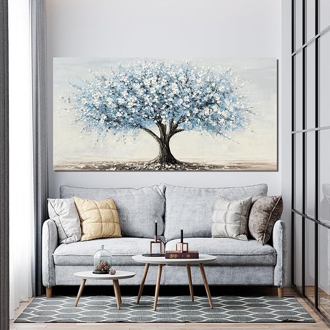 Canvas Wall Art Decor Large Tree of Life Wall Art Decorations Canvas Art Wall Decor Wall Art Pictures for Living Room Vintage White Blue Wall Art Prints Artwork for Walls Bedroom Office Decor 24"X48"