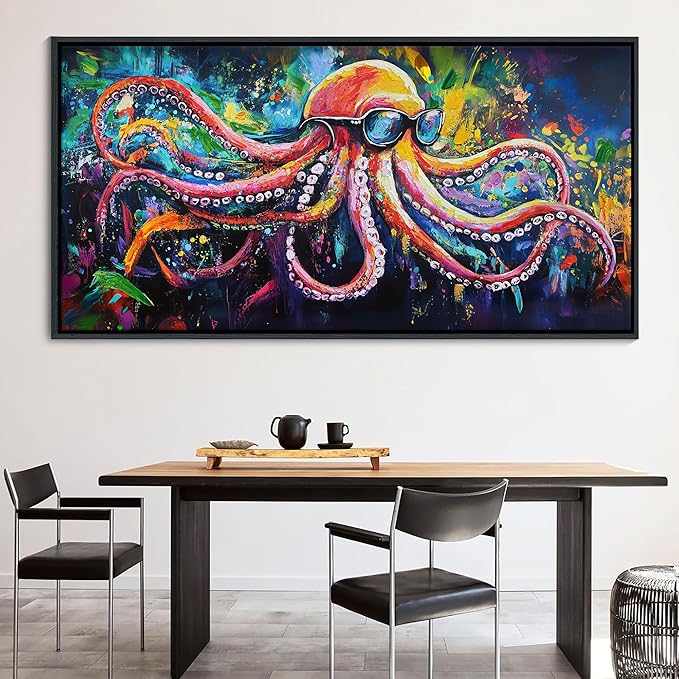 JEAWA Abstract Graffiti Wall Art, Large Framed Funny Octopus Street Cool Pop Art Texture Canvas Paintings for Living Room Bedroom kitchen Home Wall Decor and Gifts for Men 29x58 IN