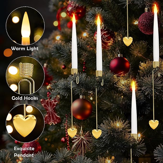 Christmas Tree Candles, 10 Pack Flameless Taper Candles for Christmas Tree Decor, Fake LED Candle Battery Operated with Remote for Xmas Wedding Home Gift with Gold Heart Hook