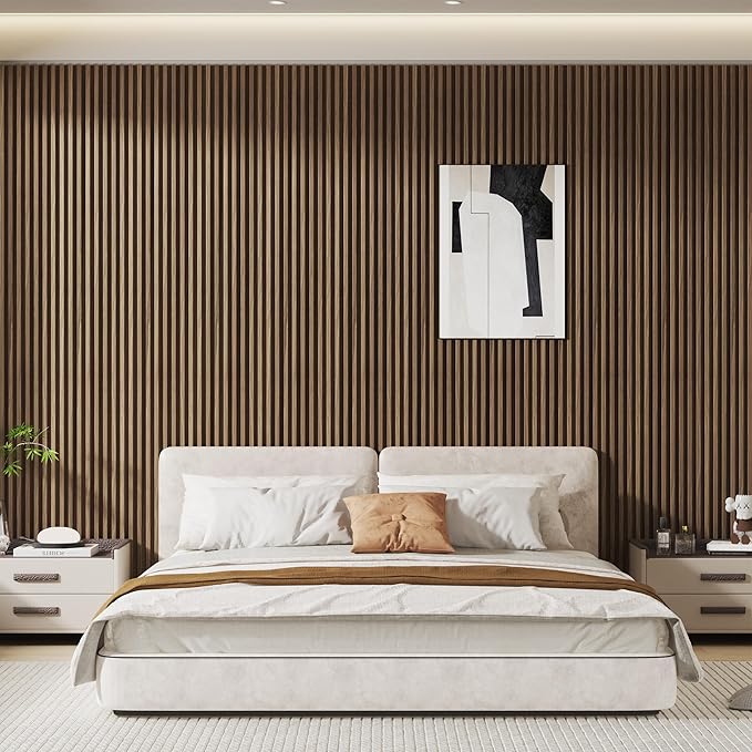 8-Pack WPC Slat Wall Panels - 3D Wall Panels, Water-Proof and Easy Installation, Accent Slat Wall Paneling for Living Room, Office,Walnut, 96 x 6.6 Inch