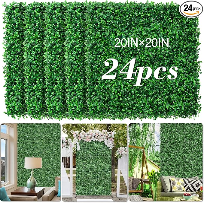 AOKIE 20"X20" Artificial Grass Wall, 24Pcs Boxwood Hedge Wall Panels UV-Anti Grass Backdrop Wall Decor, Greenery Privacy Hedge Screen for Indoor Outdoor Patio Balcony, Party Garden Fence Decor