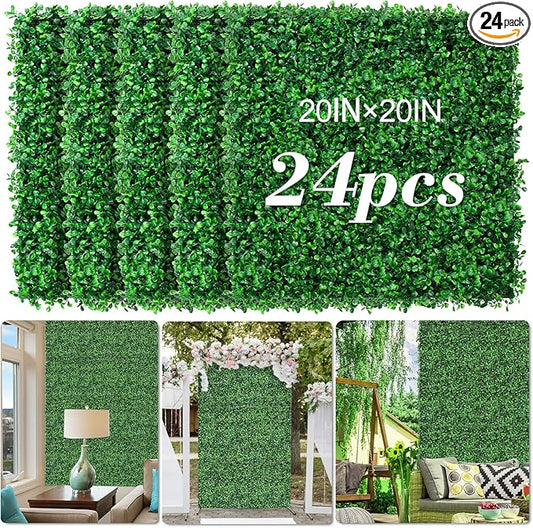AOKIE 20"X20" Artificial Grass Wall, 24Pcs Boxwood Hedge Wall Panels UV-Anti Grass Backdrop Wall Decor, Greenery Privacy Hedge Screen for Indoor Outdoor Patio Balcony, Party Garden Fence Decor