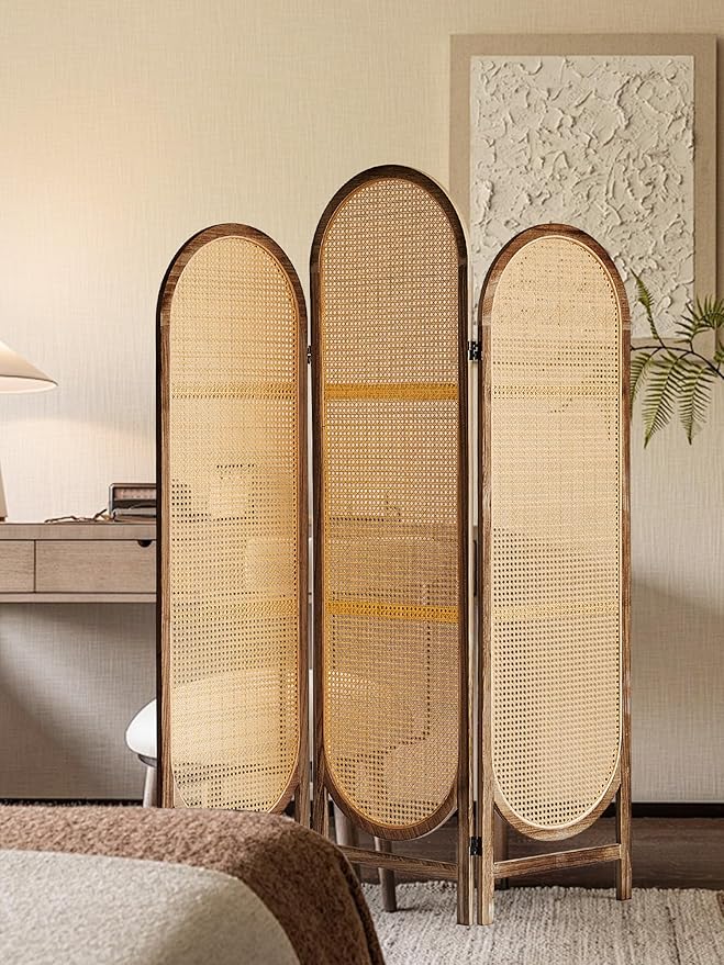 3 Panel Hand-Woven Rattan Room Dividers and Folding Privacy Screens with Bi-Directional Hinge, Pre-Assembled Partition Room Dividers for Home Office Bedroom, Dark Brown