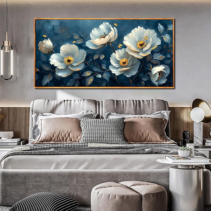 Ouzzlie Large Flower Wall Decor Blue Wall Art for Living Room Office Gold Butterfly Picture Artwork Canvas 29" x 59"
