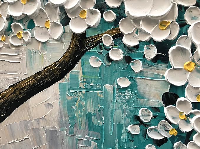 3D Abstract Art Oil Painting White Flower Tree Painting Textured Palette Knife White Flower Painting Modern Canvas Wall Art Home Decoration Home Painting (24x48 inches)