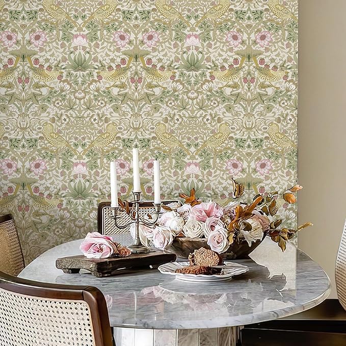 17.7x394 in White Peel and Stick Wallpaper Floral Wallpaper Flower/Strawberry/Bird Wallpaper Self Adhesive Contact Paper Removable Wall Paper for Living Room Dining Room Kitchen Decor